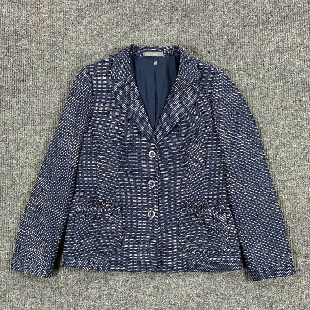 Atelier Womens Size 12 Navy Blue White Textured Woven Blazer Jacket Pocket
